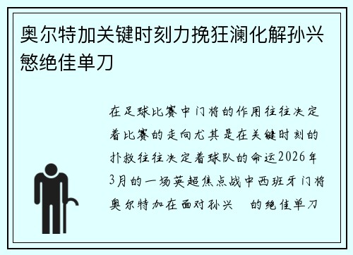 奥尔特加关键时刻力挽狂澜化解孙兴慜绝佳单刀 奥尔特加关键时刻力挽狂澜化解孙兴慜绝佳单刀